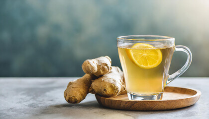 Ginger tea in a glass cup with fresh ginger root on a blurred background