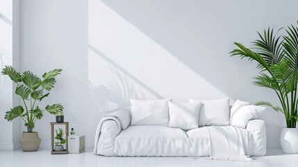 Bright Modern Living Room, White Linen Sofa and Plant Decor