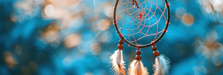 Dreamcatcher made of leather, metal, feathers, and twine hanging to catch bad dreams and nightmares - obrazy, fototapety, plakaty
