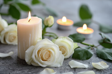 White candles with roses and flowers petals, funeral memrial, sympathy and condolences card, death notice - obrazy, fototapety, plakaty