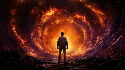 an image of a man standing in front of a fire tunnel - obrazy, fototapety, plakaty
