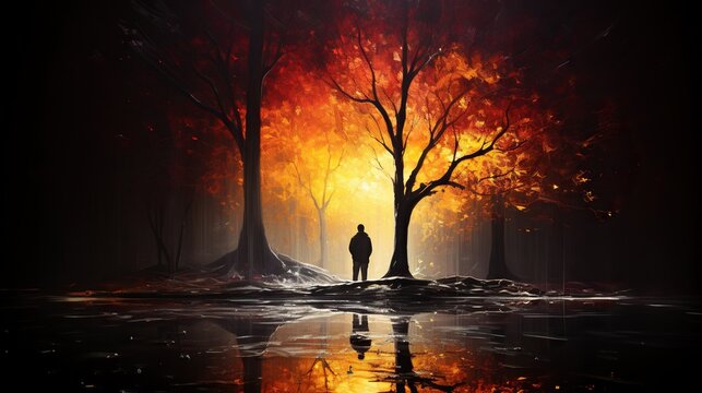 an image of a man standing in the park near trees that get bright orange colors