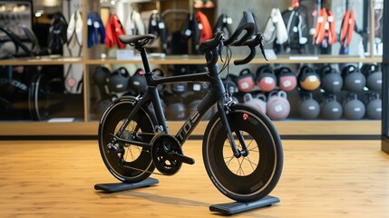 stationary indoor fitness bike in front display store