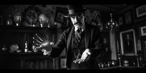 Male magician wearing a suit and top hat performing illusions and tricks