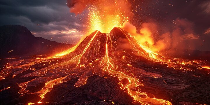 Volcano erupting with hot molten lava