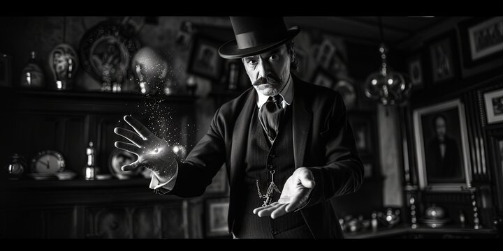 Male magician wearing a suit and top hat performing illusions and tricks