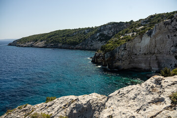 Blue caves in zakynthos, Greece. Potamitis Dive Spot, Zakynthos, greece. Skinari View Point. Blue Caves located between Aghios Nikolas and Cape Skinnari. Turquoise ionian sea in greek island.