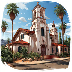 Fototapeta na wymiar Illustrated Spanish Mission Church with Palm Trees