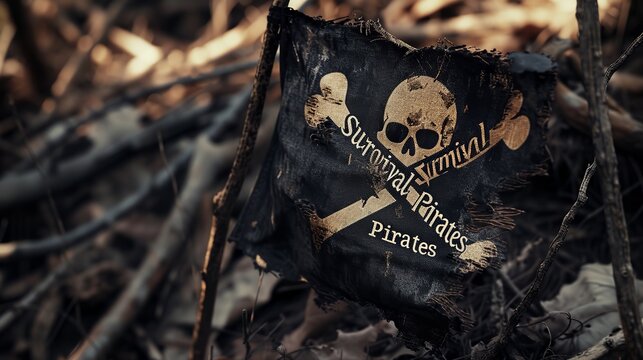 Burnt pirate flag with skill and cross bones that reads "Survival Pirates" on the flag