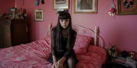 Goth girl in pink bedroom for modern feminism concept in pink and black