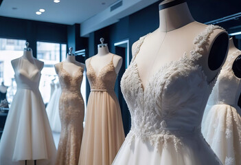 Photograph of elegant wedding dresses hanging on hangers in a luxury store, wedding dress in the showroom of a bridal boutique, preparing the bride for the wedding - obrazy, fototapety, plakaty