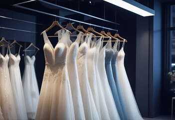 Photograph of elegant wedding dresses hanging on hangers in a luxury store, wedding dress in the showroom of a bridal boutique, preparing the bride for the wedding - Powered by Adobe