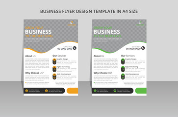 modern creative business flyer design template with trend 2 colors. Double A4 size flyer and brochure design layout idea. vector illustration unique design navy black, green and brand yellow orange.