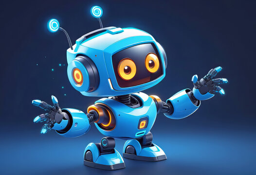 vector illustration, Adorable 3D robot character interacting with smartphone virtual interface, cyber cartoon character,