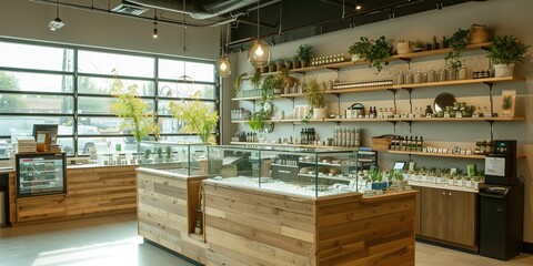 Empty interior of a modern cannabis or medical marijuana dispensary facility. Filled displays and counters with product - obrazy, fototapety, plakaty