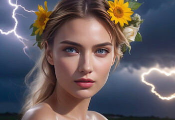 Portrait of a woman with flowers in her head, Creative background with a stylish woman against a stormy sky with lightning, Fashion portrait,