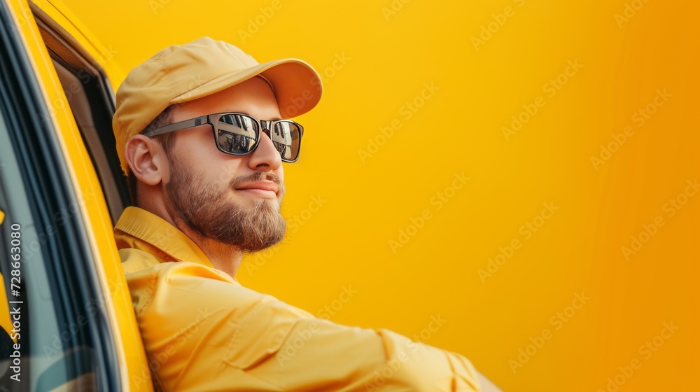 Wall mural Driver in Yellow Cap Amidst Vibrant Backdrop