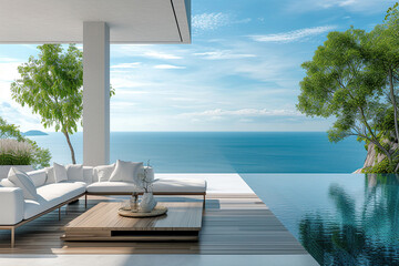 Modern beachfront villa with comfortable outdoor lounge area overlooking an infinity pool and the sea.