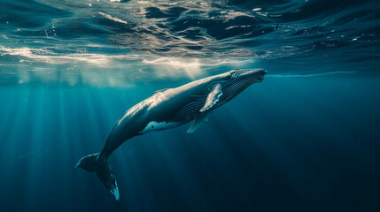 Fototapeta premium A large whale swimming above the surface of the water.