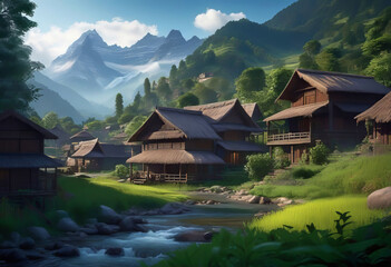 Cozy authentic Indian village, houses against a background of green forest and mountains, mural for room design,