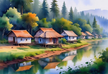 Obraz premium Beautiful watercolor of Indian village, houses against green forest background, watercolor painting for home, wall mural,