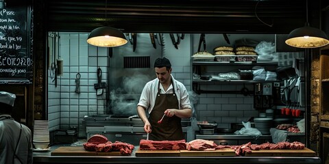 Butcher standing in butcher shop with fresh meats everywhere