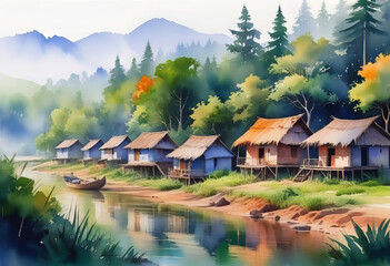 Fototapeta premium Beautiful watercolor of Indian village, houses against green forest background, watercolor painting for home, wall mural,