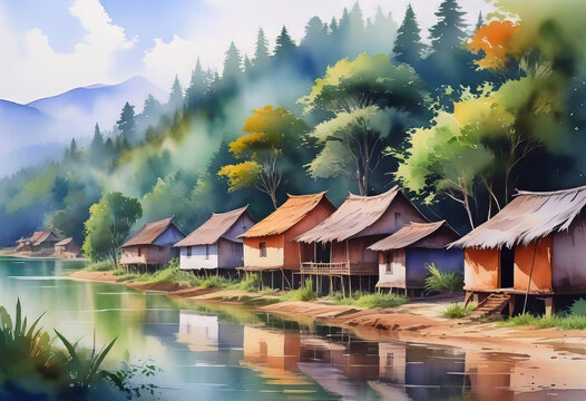 Beautiful watercolor of Indian village, houses against green forest background, watercolor painting for home, wall mural,