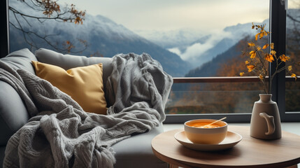 Wide closeup travel banner photo of view from a luxury hotel bedroom window, cozy couch with...