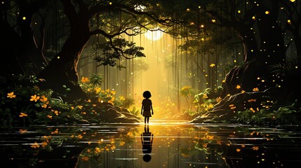 an anime character walks onto a stream between the forest with fireflies behind them