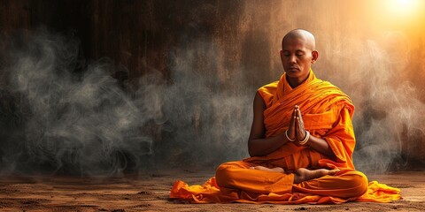 Buddhist monk in orange robes meditating in prayer for zenlike peace