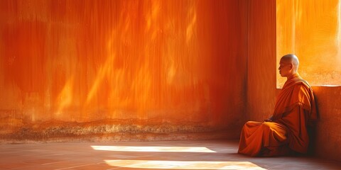 Buddhist monk in orange robes meditating in prayer for zenlike peace