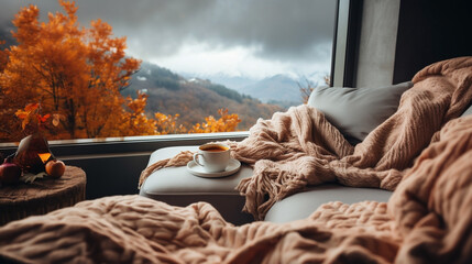 Wide closeup photo web banner of view from a luxury hotel bedroom window, cozy couch with pillows and coffee cup on a tray, misty mountain range landscape outside in a cold day morning