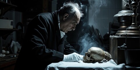 mortician old man courting death with a human skull - obrazy, fototapety, plakaty