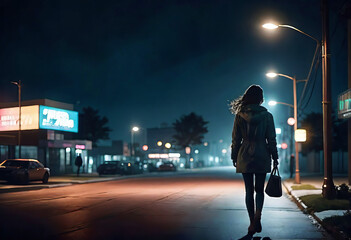 Silhouette of a young woman walking home one night through the city streets, scared by a stalker and being attacked, insecurity concept,