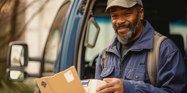 Friendly mail carrier delivering the mail in a residential neighborhood