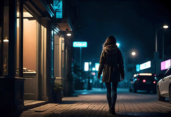 Silhouette of a young woman walking home one night through the city streets, scared by a stalker...
