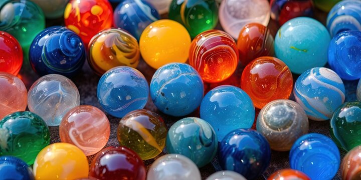 Colorful glass marbles with various random designs for hobbies, toys, and recreational concepts