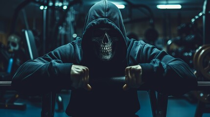 strong body skull in hoodie sitting on bench press, with big biceps at gym, flexing muscles poster style motivation, dark  - obrazy, fototapety, plakaty