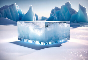 Abstract Ice background with podium, iceberg in ocean, cold winter, snow and ice, platform for displaying products on frozen mountain iceberg, arctic concept