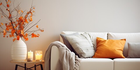 Light living room with grey sofa, table, and autumn-themed decor