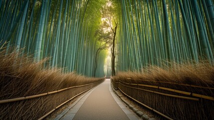 winding stone road.  The Stunning Pathway of  Arashiyama Bamboo Grove in Kyoto, Japan, known for its stunning bamboo forest. 