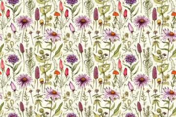 Seamless botanical pattern with a variety of wildflowers on a light background - obrazy, fototapety, plakaty