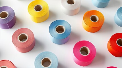Several rolls of colored 100% cotton tape. The tapes have a striking hue. Background with colorful 100% cotton tapes