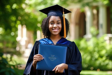 A black female high school student, with a smile on her face , holding a graduation certificate, front facing in the style of album, folio,  - obrazy, fototapety, plakaty