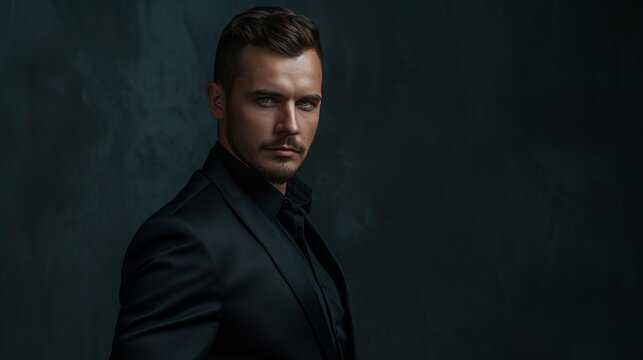 Very beautiful man, brutal, model, 30 years old, in black official suit, Looks straight