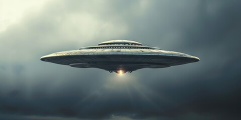 Obraz premium Unidentified flying object (circular UFO) flying through the atmosphere for a possible alien invastion