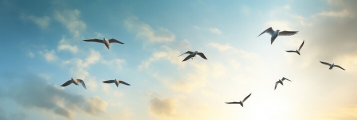 Fototapeta premium A flock of five birds are flying in the sky, wide light, 2d illustration,