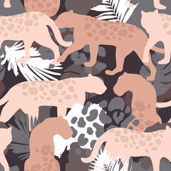 Seamless pattern with leopards, palm leaves, animal print. Creative texture for fabric, wrapping, textile, wallpaper, apparel. Vector illustration background © artlavi_design