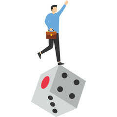 Investment risk, possible loss of money or profit from investment concept, stock trader, gambling, uncertainty, greedy intrepid investor trying to balance himself by rolling the unstable dice.